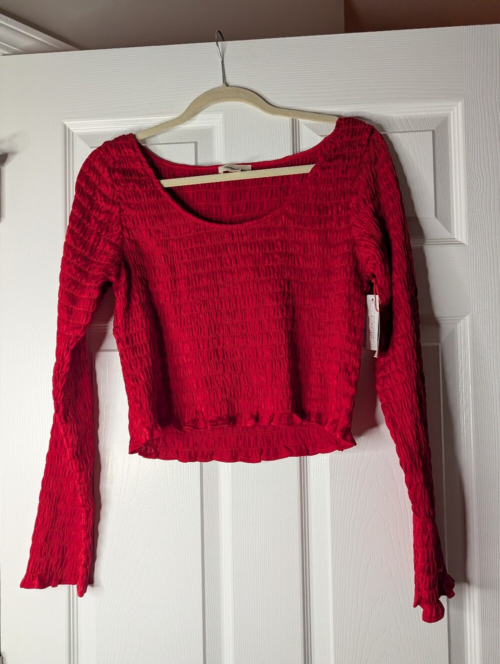 Open Edit Womens Red Smocked Long Sleeve Crop Top Shirt Size L, NWTs